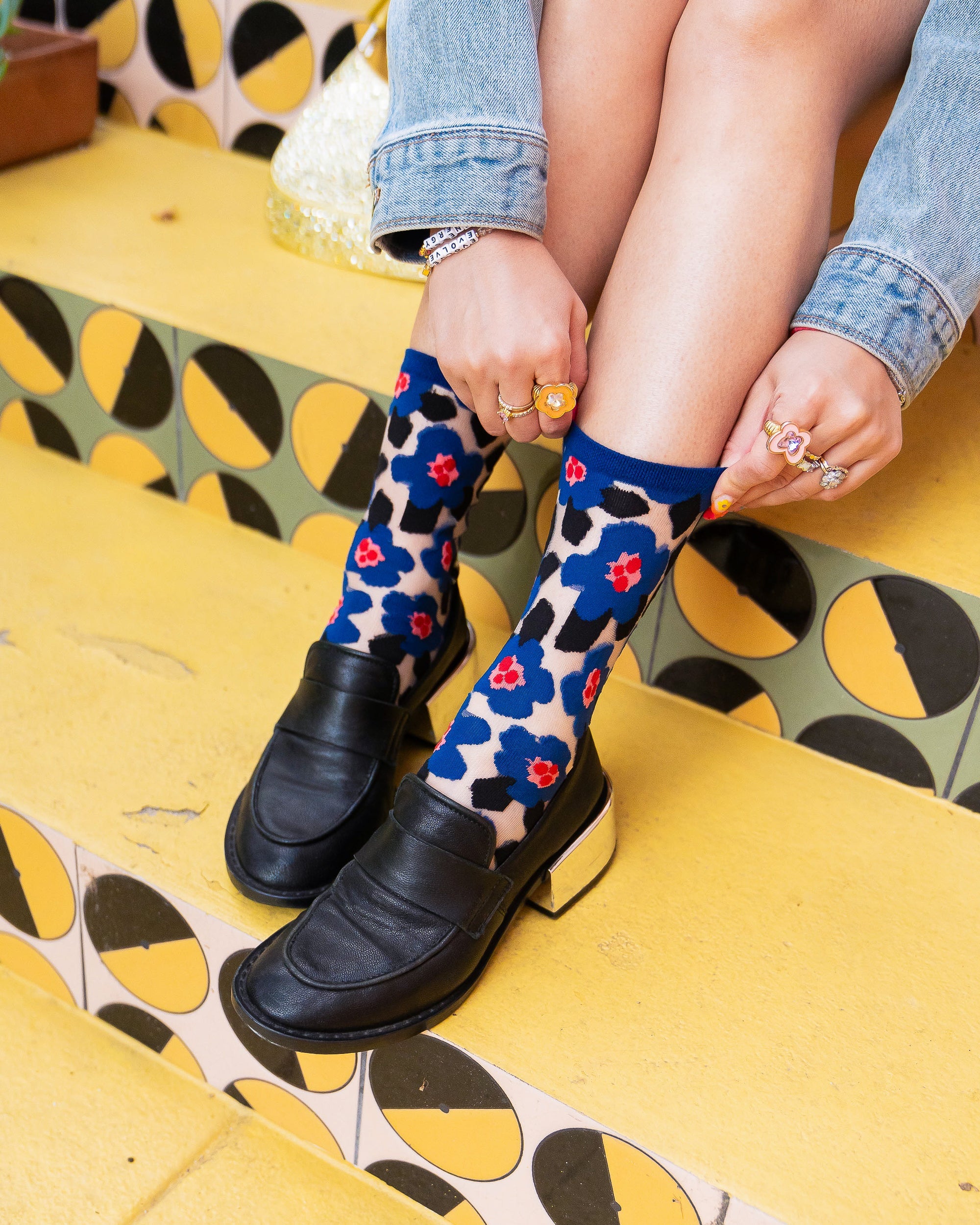 Bold Blue Floral Sheer Crew Sock