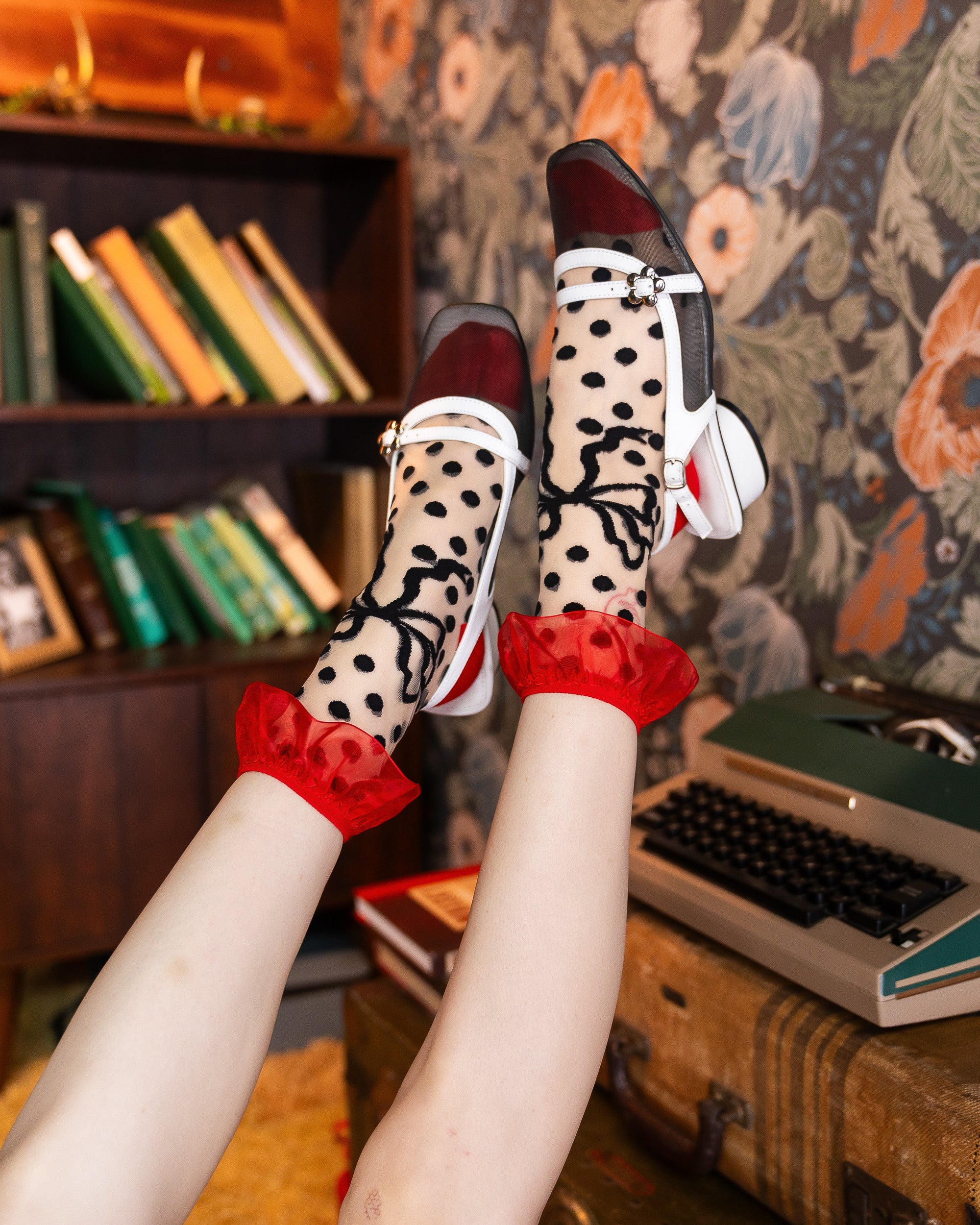 Polka Dot Bow Ruffle Sheer Crew Sock
