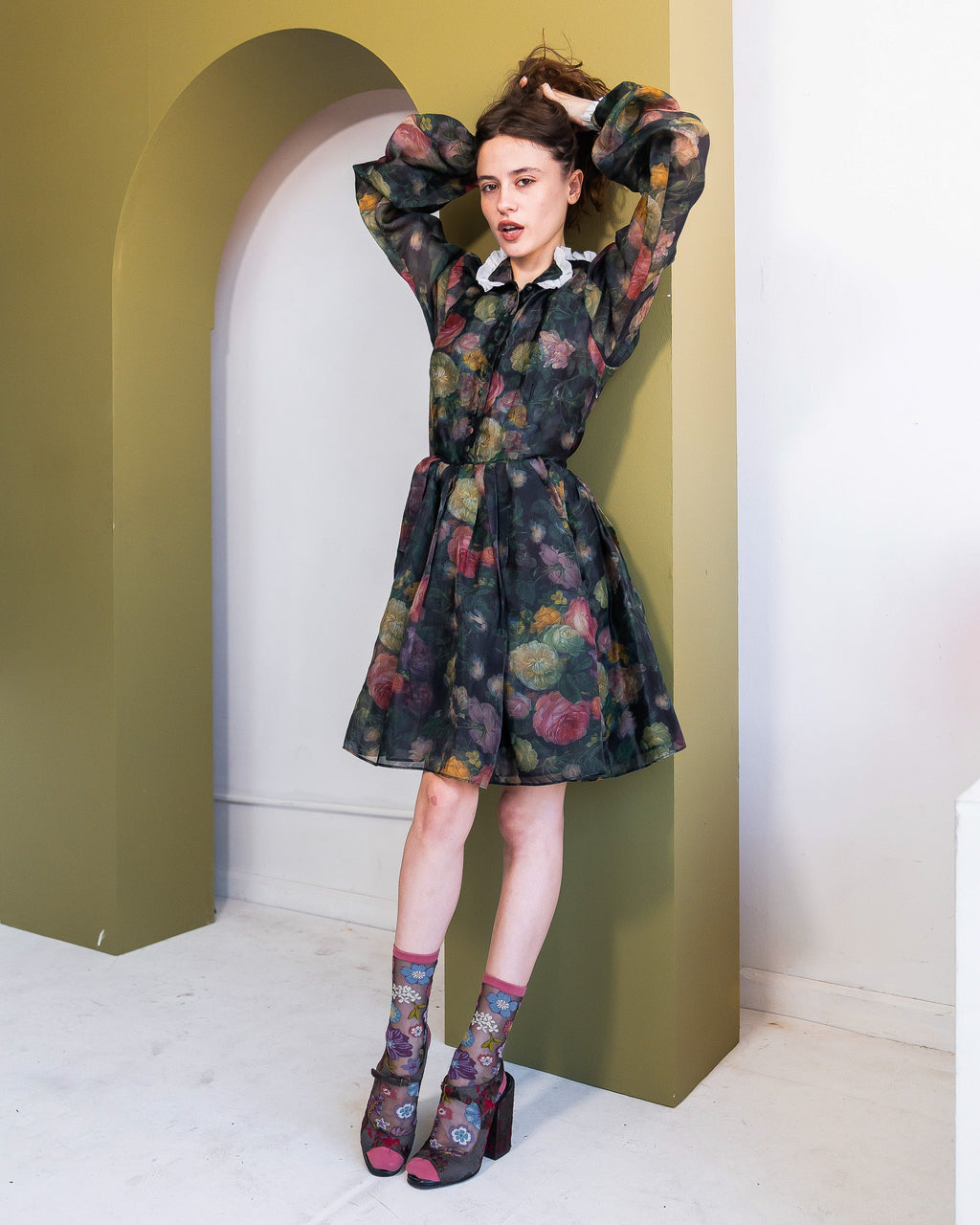 Dark Florals Black Sheer Crew Sock